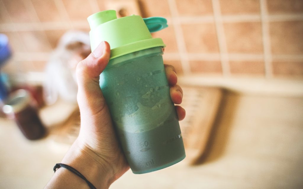 Protein shake in a shaker bottle.